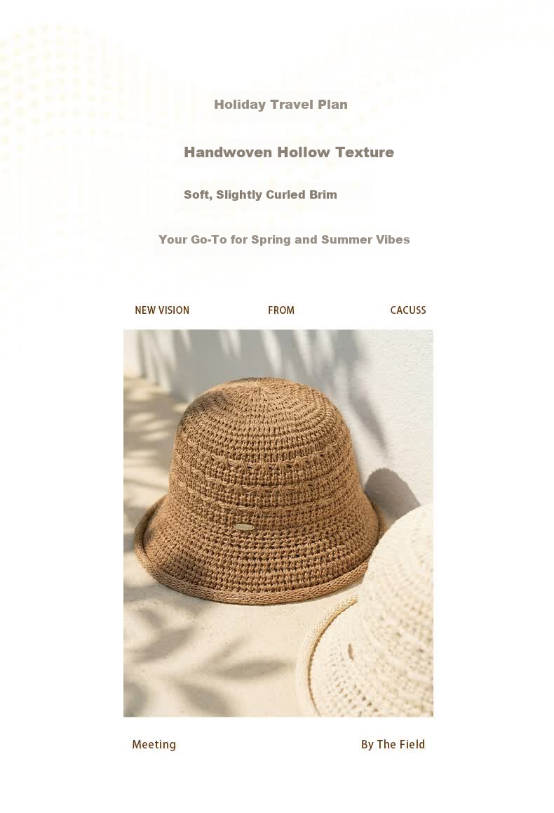 CACUSS Hollow Weave Sun Hat for Women Summer Outdoor Face-Slimming Retro Breathable Bucket Hat Khaki 2