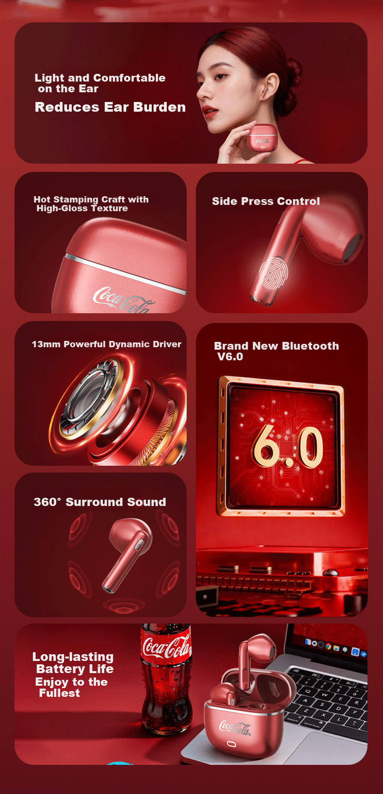 Coca-Cola CX01 Bluetooth Earbuds Semi-In-Ear True Wireless Gaming Sports Music Earphones Long Battery Life 2026 Latest Unisex Student Gift 1