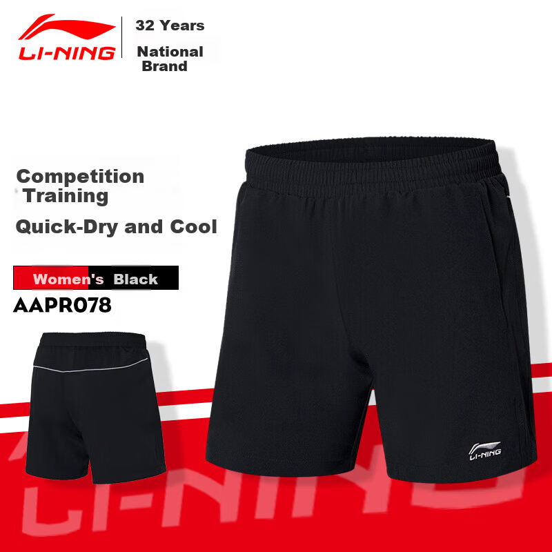 LI-NING Women's Badminton Shorts Sweat-Absorbing Quick-Dry Breathable Training Competition Pants AAPR078-3 Black L