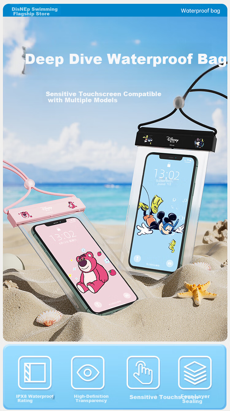 Disney Waterproof Phone Pouch Touchscreen Compatible Swimming Rafting Gear Snorkeling Hot Spring Underwater Photography Tool D95608 Black 1
