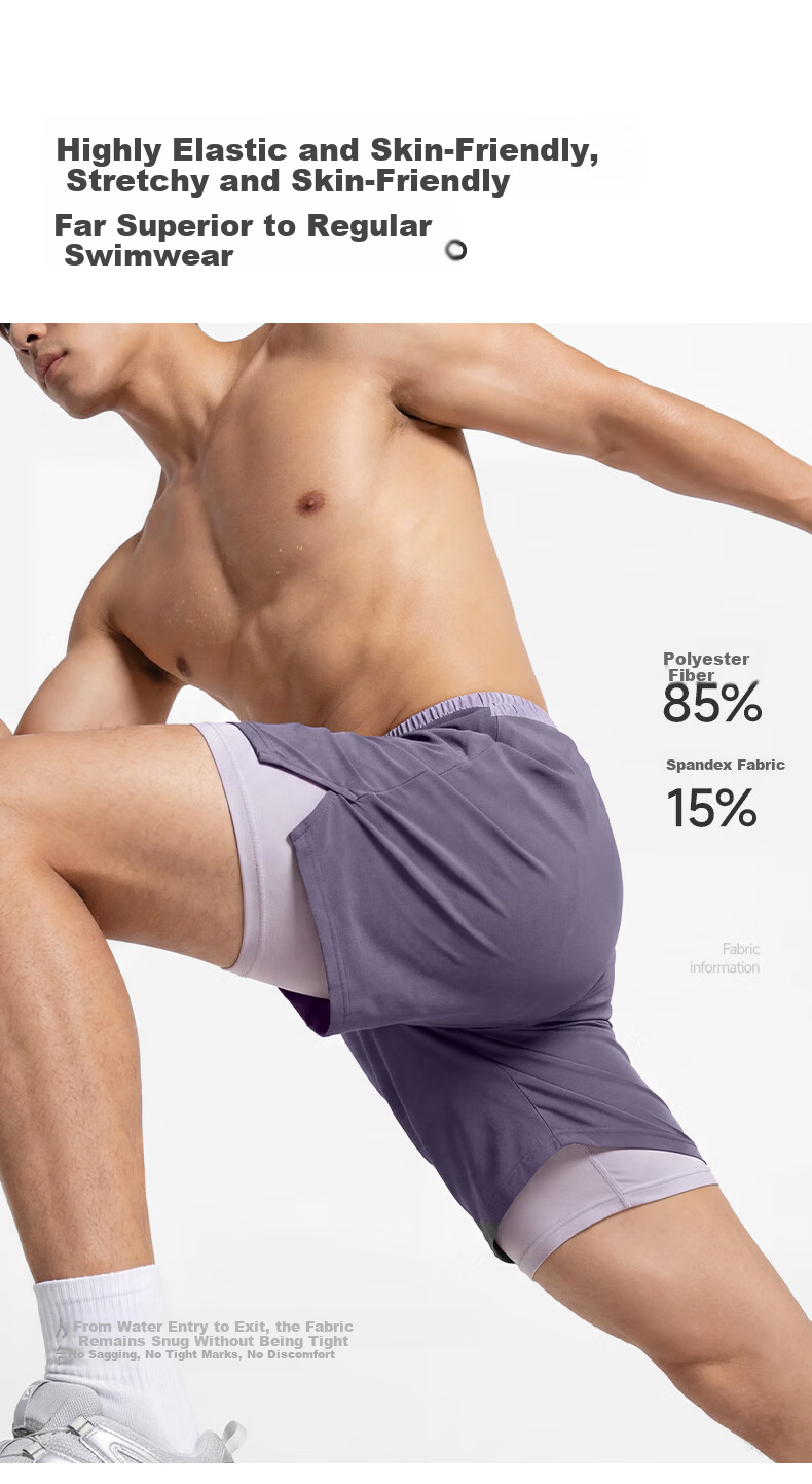 Keep Men's Swim Trunks Double-Layer Sports Running Boxer Briefs Swimming Shorts Hot Spring Swimwear 120 Purple 3XL 5