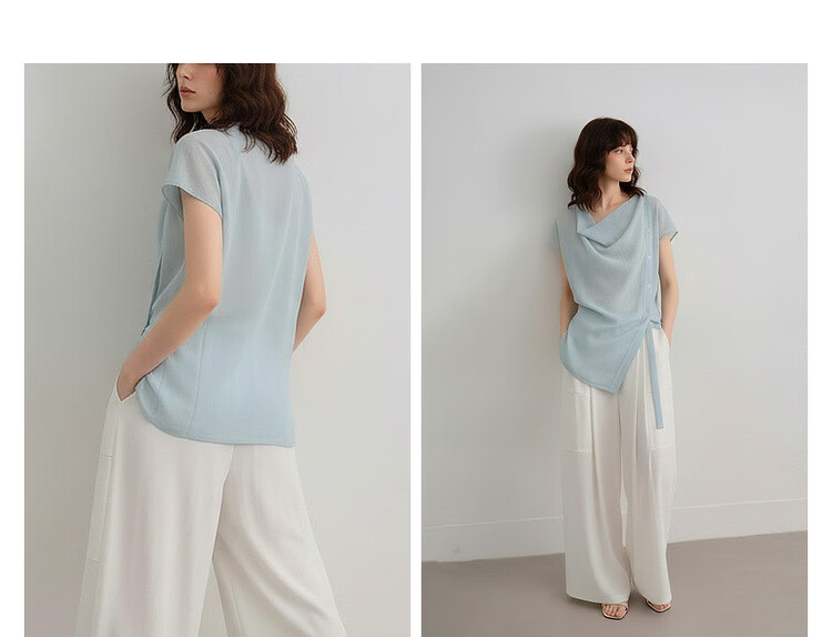Demana [Translucent Aesthetics] Summer Draped Collar Adjustable Strap Shoulder Short Sleeve Lightweight Loose Slimming Women's Shirt 7