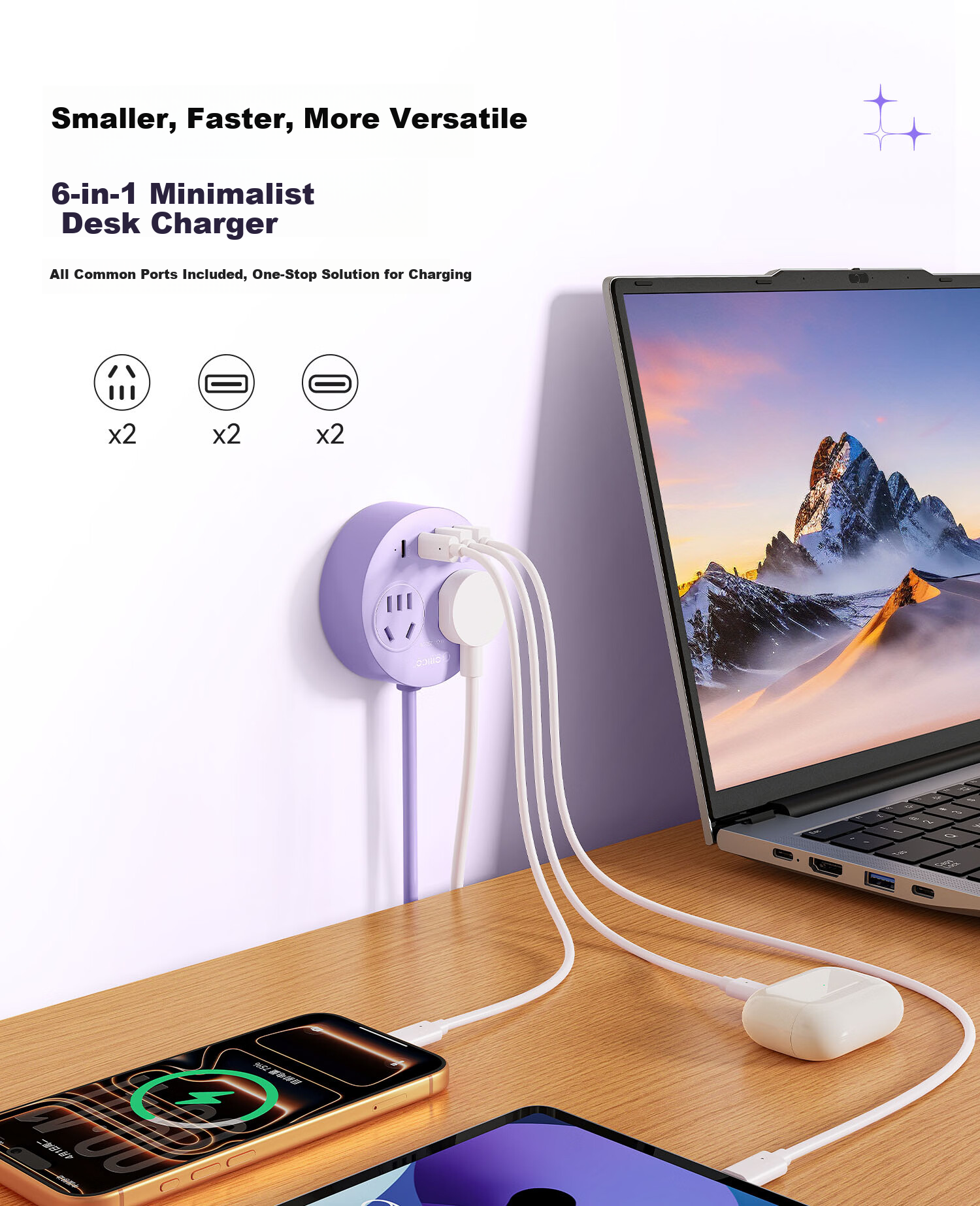 ORICO Small Magnetic Multifunctional Power Strip Socket One-to-Multiple Dormitory Office Home Extension Cord USB Desktop Charging Station Supports 20W Fast Charging 2M Blue 12