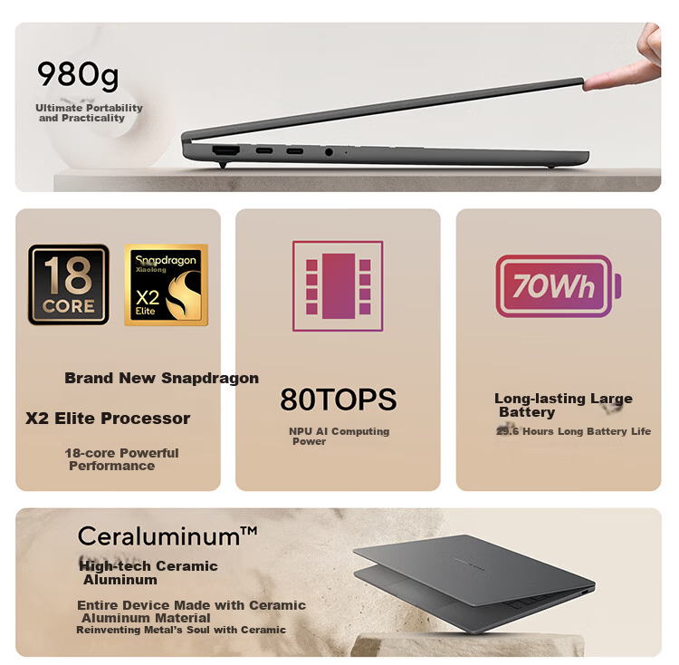 ASUS Lingyao 14 Air Snapdragon X2 Elite 2.8K 120Hz 1100nits OLED 16GB 1TB 980g AI Ultra-thin Laptop 2