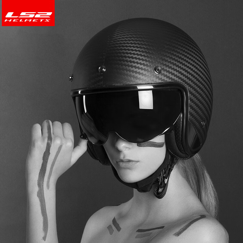 LS2 Motorcycle Retro Carbon Fiber 3/4 Helmet OF601 Glossy Black 3XL