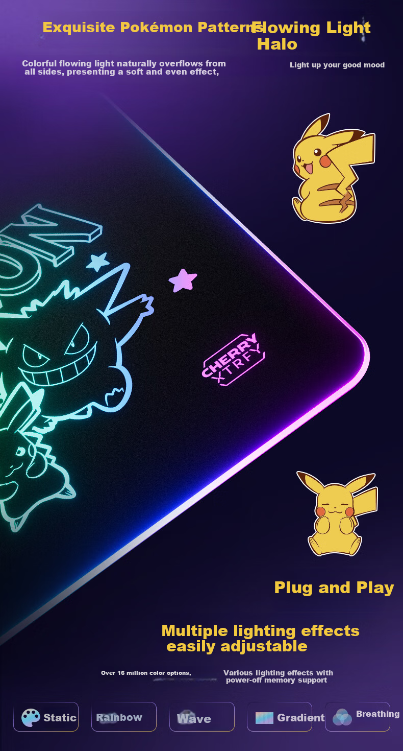 CHERRY Large Gaming Mouse Pad, E-Sports Mouse Pad, Pikachu Mouse Pad, Computer Desk Mat, IP Collaboration, 480*400*4mm 4