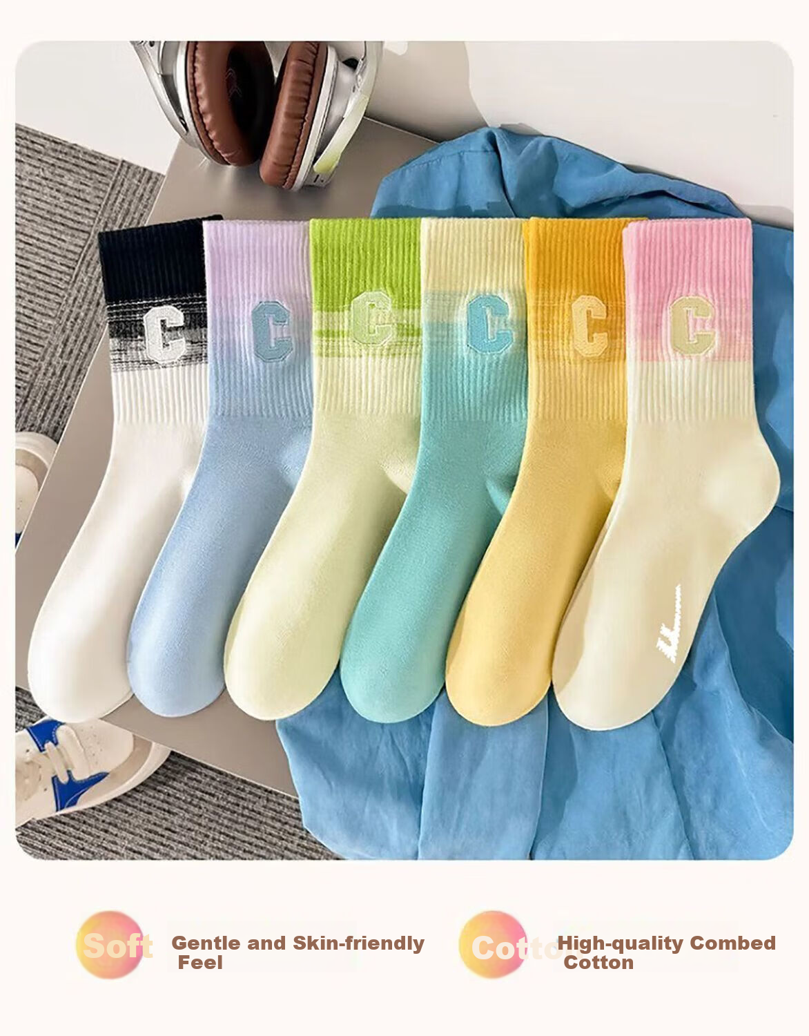 Warrior Women's Sports Socks, All-Season Gradient Dopamine Ins Style Calf Socks, Xinjiang Cotton 10A Antibacterial Mid-Calf Socks 7