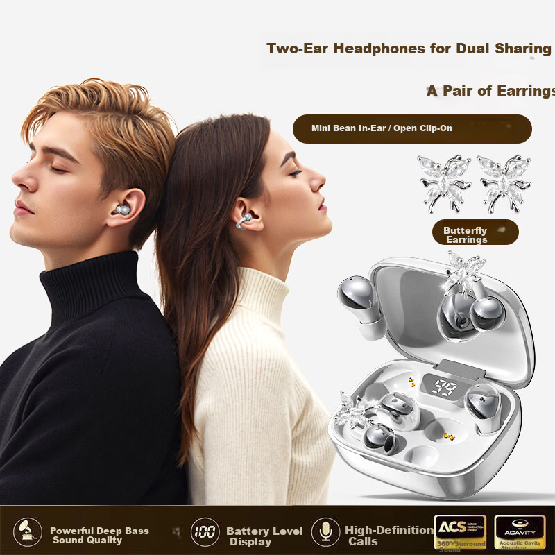 Haiyinlv Q30 [4 Earphones + Exquisite Earrings] 2026 New Clip-On Sleep Wireless Bluetooth Earphones Long Battery Life High-Quality Sound Sports Running Low Latency Universal White