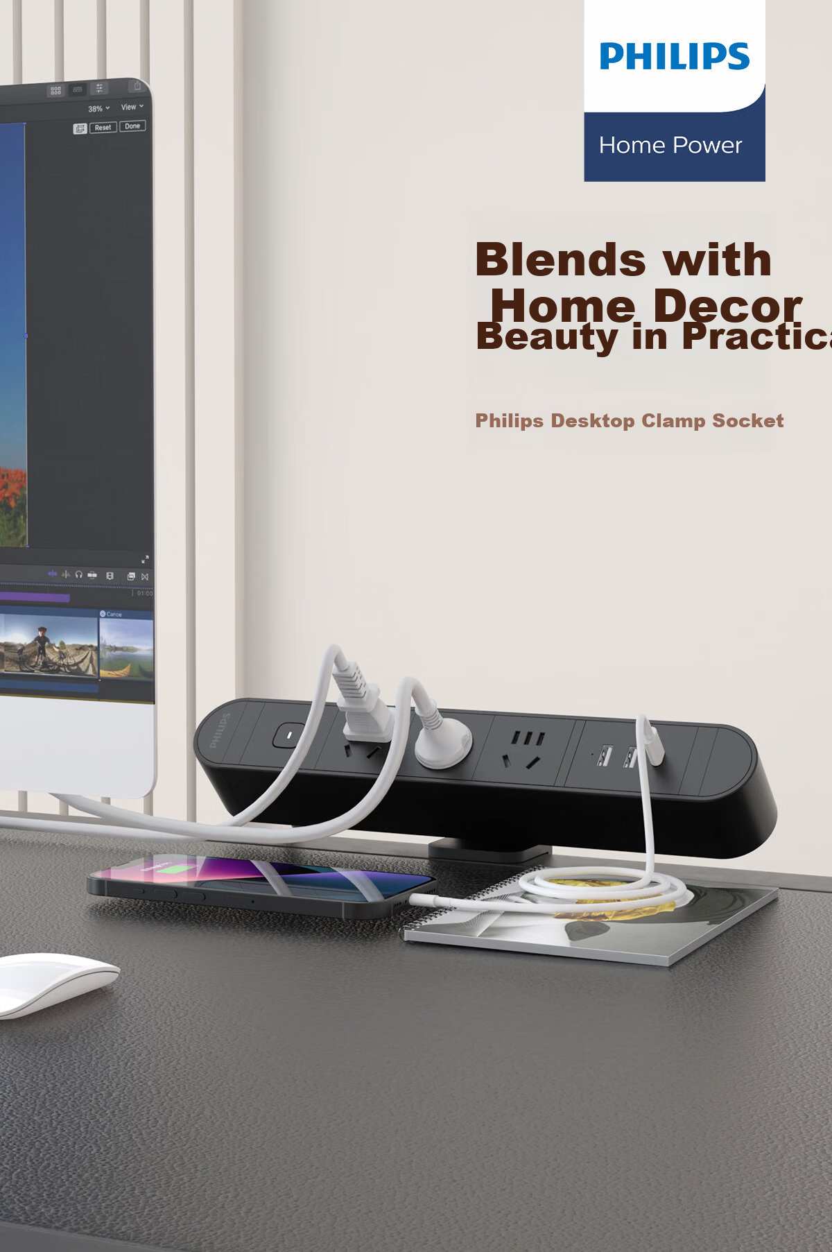 PHILIPS Desktop Clamp Power Strip with USB Fast Charging, 4-Outlet Multi-Functional Socket for Gaming and Study, No-Drill Extension Cord for Dormitory and Office Desk 1