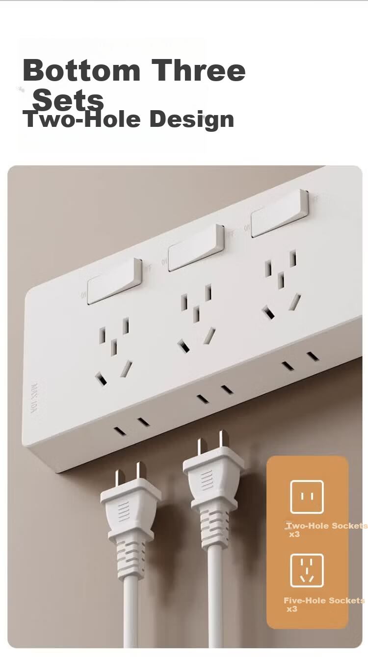 AUX Extension Power Strip with Cord Multi-Functional Bedroom Wall Mount Expansion Socket Kitchen Power Outlet Gray 6