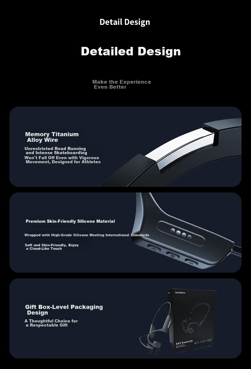 Skyworth G8 Bone Conduction Bluetooth Earphones Wireless Professional Sports Running Outdoor Open-Ear Swimming Compatible with Apple Huawei Xiaomi Waterproof Sweatproof 32GB Memory Starry Black 15