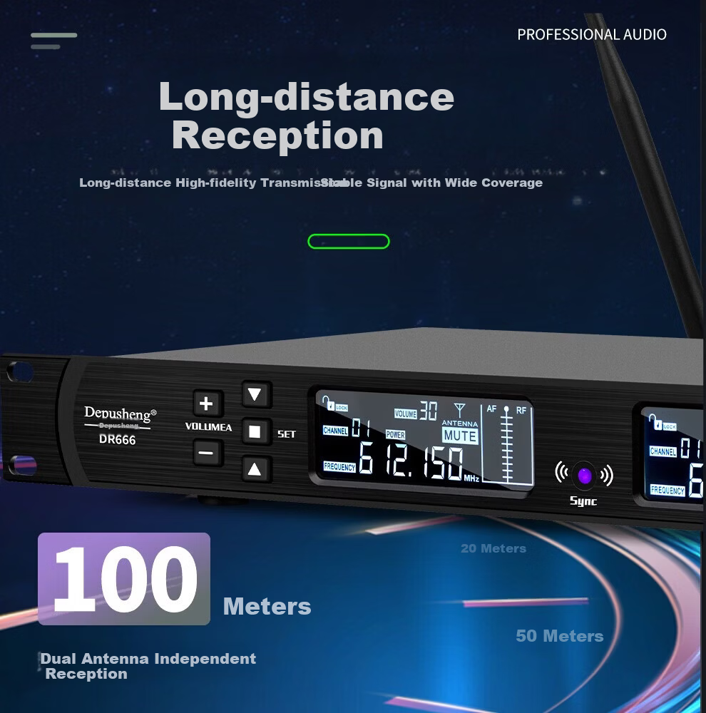 Depusheng DR666 Professional Wireless Microphone Dual Transmitter Karaoke Stage Performance KTV Singing School Speech Wedding Conference UHF Long-Distance Anti-Howling Microphone System 6