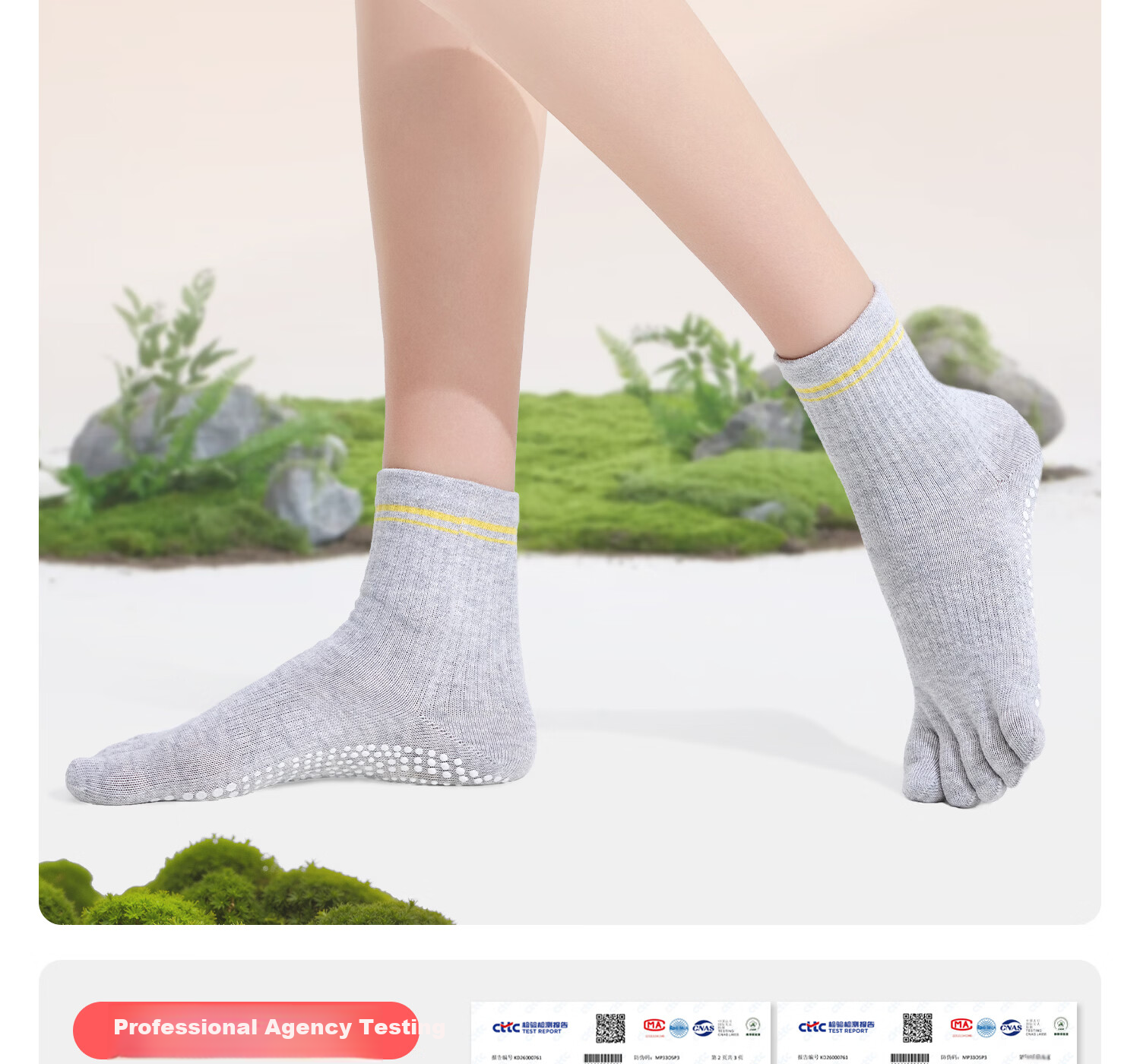 Yottoy Striped Yoga Socks Pilates Non-Slip Professional Women's Indoor Mid-Calf Five-Toe Sports Socks 2026 New Gray 5