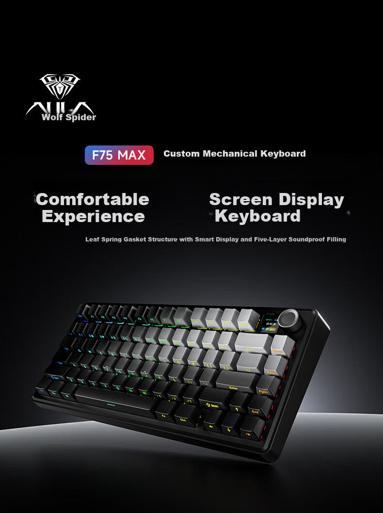 AULA F75MAX Three-Mode Custom Mechanical Keyboard Wireless Bluetooth Wired Full-Key Hot-Swappable 75% Layout 80-Key Gaming Office Pure Black Side-Engraved Seiya Switch 1