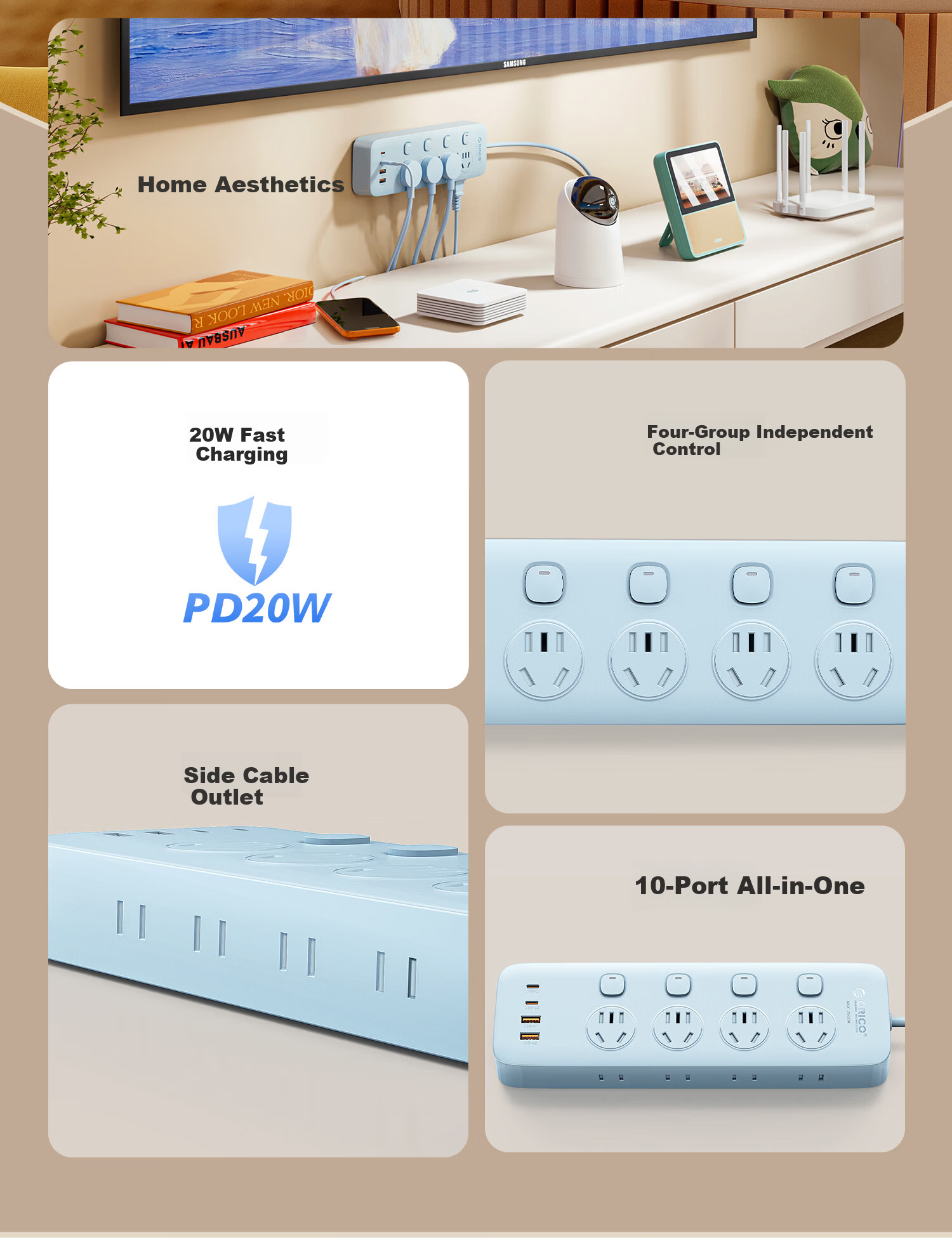 ORICO 20W Controlled Power Strip with 8 Independent Switches, USB Desktop Socket, 3C Certified, 2-Meter Cable, Blue 2
