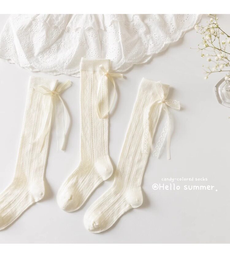 Yuzhaolin 3 Pairs Girls' Long Tube Socks Summer Thin Children's Socks Bowknot Princess Calf Socks Mid-Tube Ruffled Socks for Girls 9