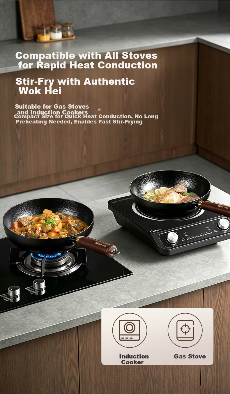 Bear Iron Wok Thickened Hammered Texture Healthy Non-Coated True Stainless Steel 30cm with Solid Wood Lid 7