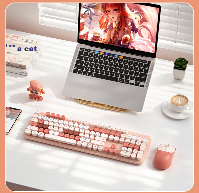 B.O.W Hangshi V96 Wireless Bluetooth Dual-Mode Keyboard Quiet High-Value Ergonomic Design Unisex Office Home Tablet Laptop Mobile Universal Spring River Pink 6