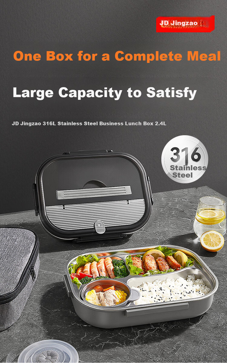 JD Original Lunch Box, 316L Stainless Steel, Suitable for Microwave Heating, Extra Large Capacity 2.4L, with Chopsticks And Spoon + Insulated Bag 1