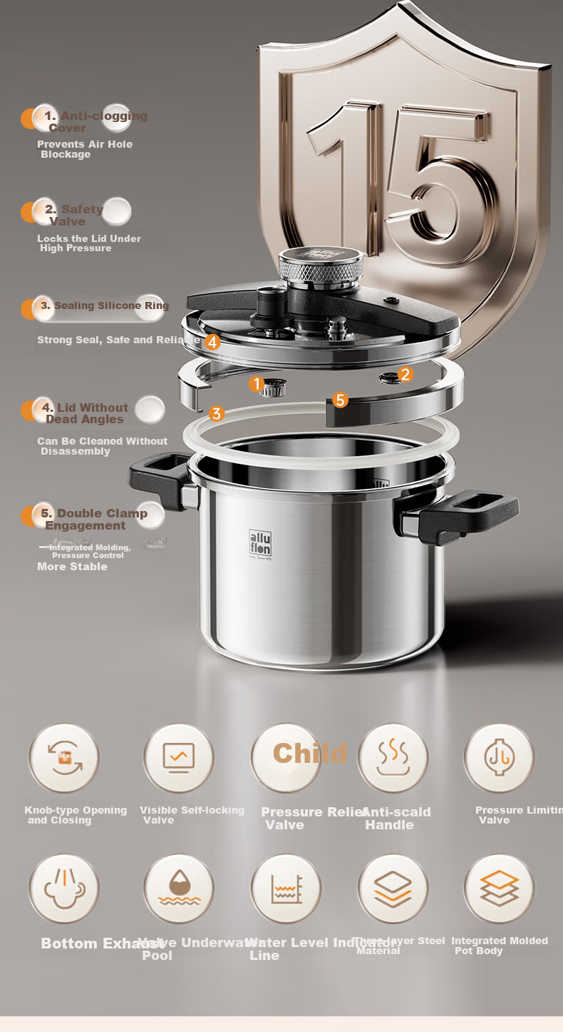 Alluflon Pressure Cooker Explosion-Proof High-Pressure Pot 304 Stainless Steel Single-Hand Open Induction Cooker Compatible 6L Household for 3-4 People 4