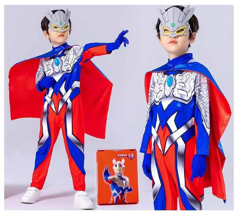 ULTRAMAN Official Golden Zero Ultraman Costume Jumpsuit 130cm Gift Box with Eye Mask, Gloves, Chest Light, and Cape 15