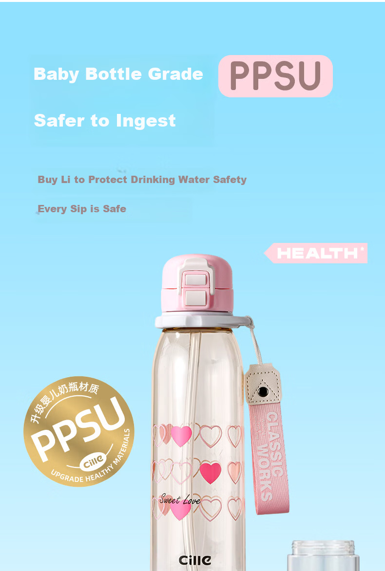 Cille Children's Water Bottle True Maternal and Infant PPSU Material Steam Sterilizable Portable Dual-Spout Plastic Cup for Primary School Students 3