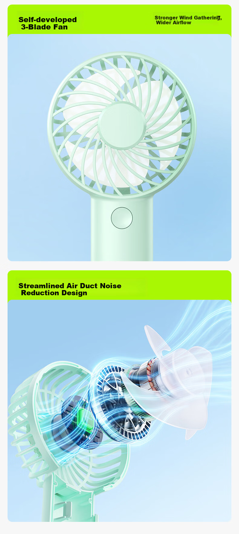 Pisen Handheld USB Rechargeable Portable Mini Fan Office Outdoor Camping Desktop Fan 1200mAh Long Battery Life Green 7