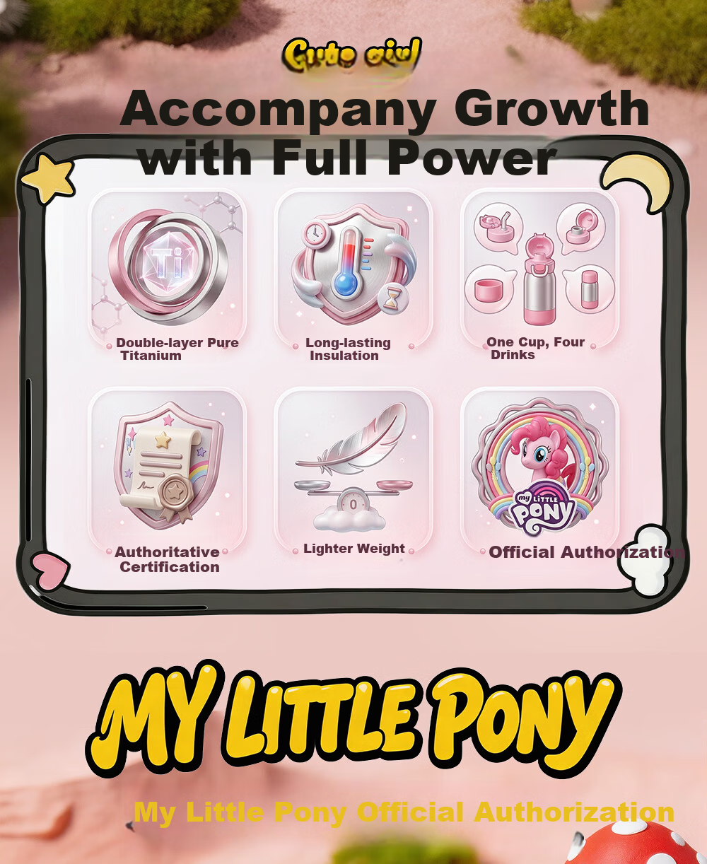 Germ My Little Pony Pure Titanium Children's Insulated Straw Bottle Dual Drinking Cup for Girls Student 480ML Garden Pink 3