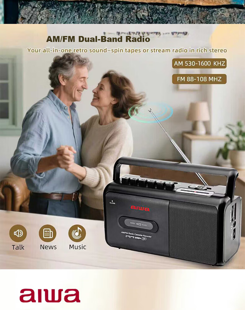 Aiwa CR-1 Bluetooth Speaker Retro Cassette Player Portable Radio USB TF Bluetooth Player Student Listening Device English Training Dual Power Black 5