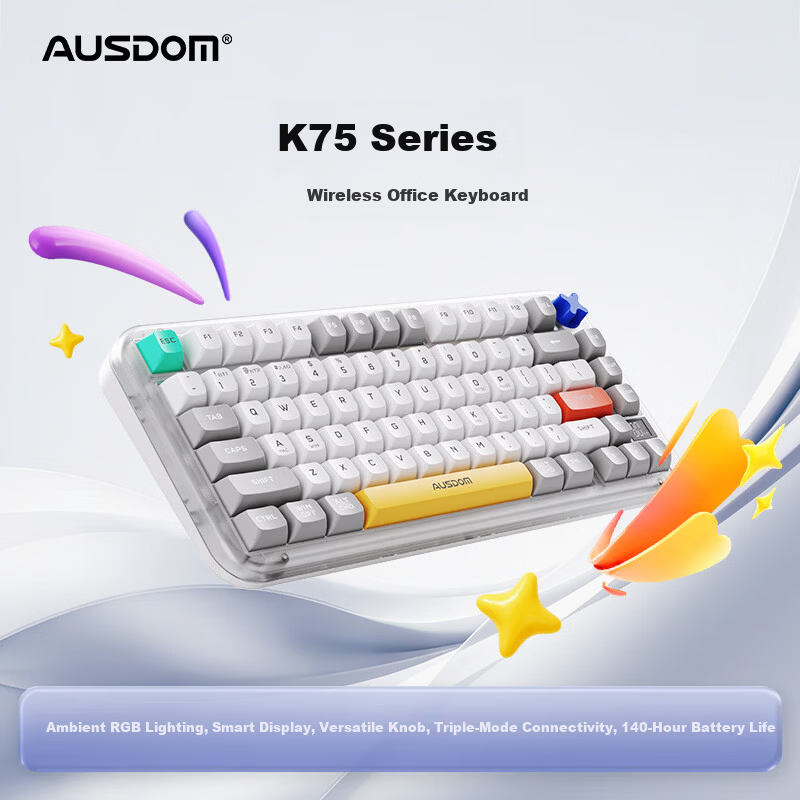 AUSDOM K75 Wireless Keyboard Three-Mode Bluetooth Wired Multifunctional Screen Display Mechanical Feel RGB Office Gaming E-sports Computer Laptop Universal Amber 75-Key Colorful