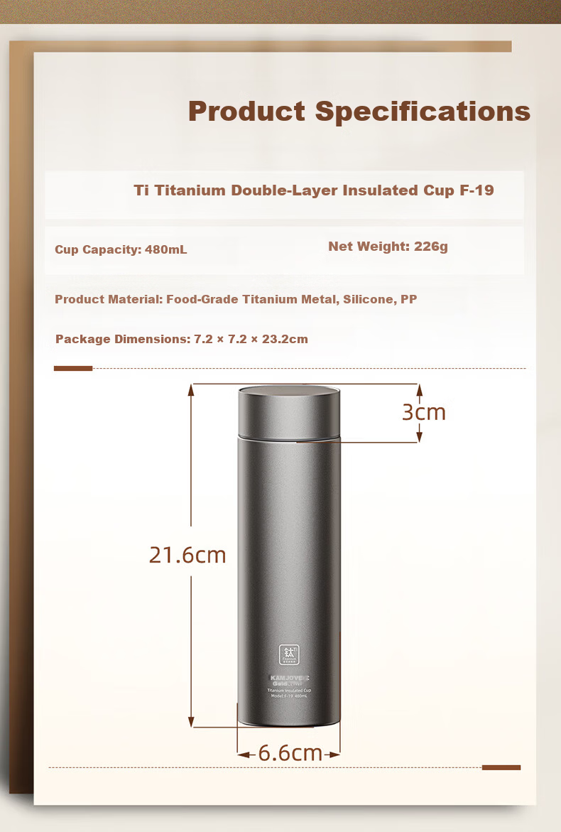 KAMJOVE Titanium Insulated Water Bottle Pure Titanium Inner and Outer Cup Portable Tea Cup for Men and Women 12