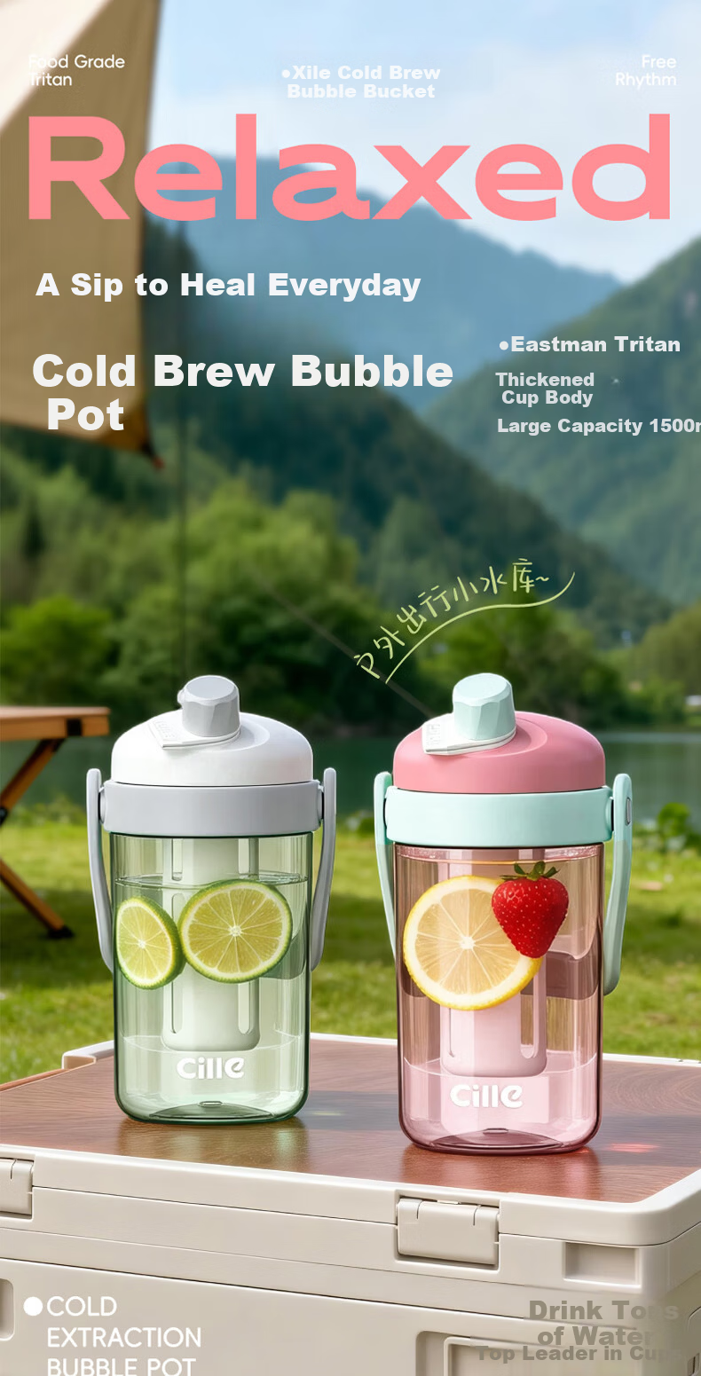 Cille Tritan Plastic Cup Large Capacity Outdoor Sports Water Bottle Portable Double Drinking Cup with Handle for Men and Women Students 1