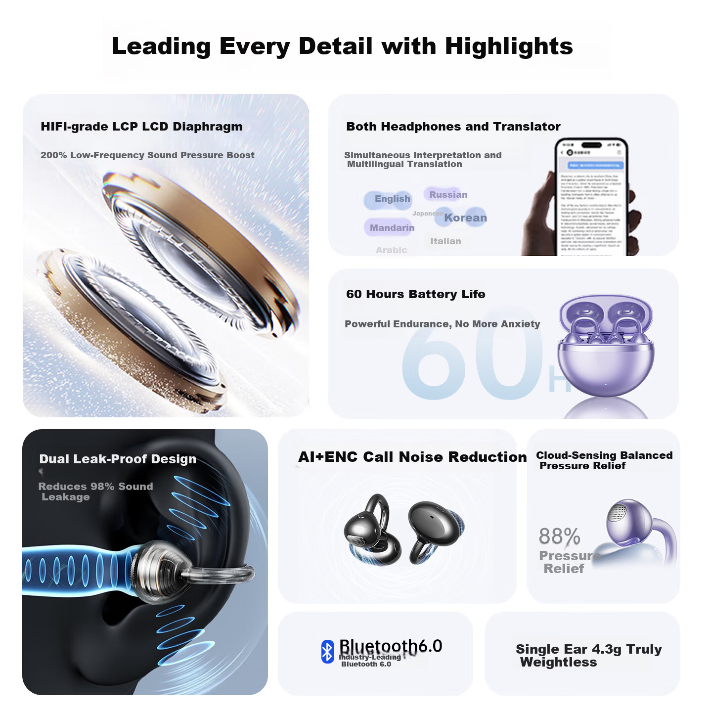 Chuangu 2026 New AI Simultaneous Translation Bluetooth Bone Conduction True Wireless Ear Clip Translator Comfortable Non-In-Ear Sports High-Quality Sound
