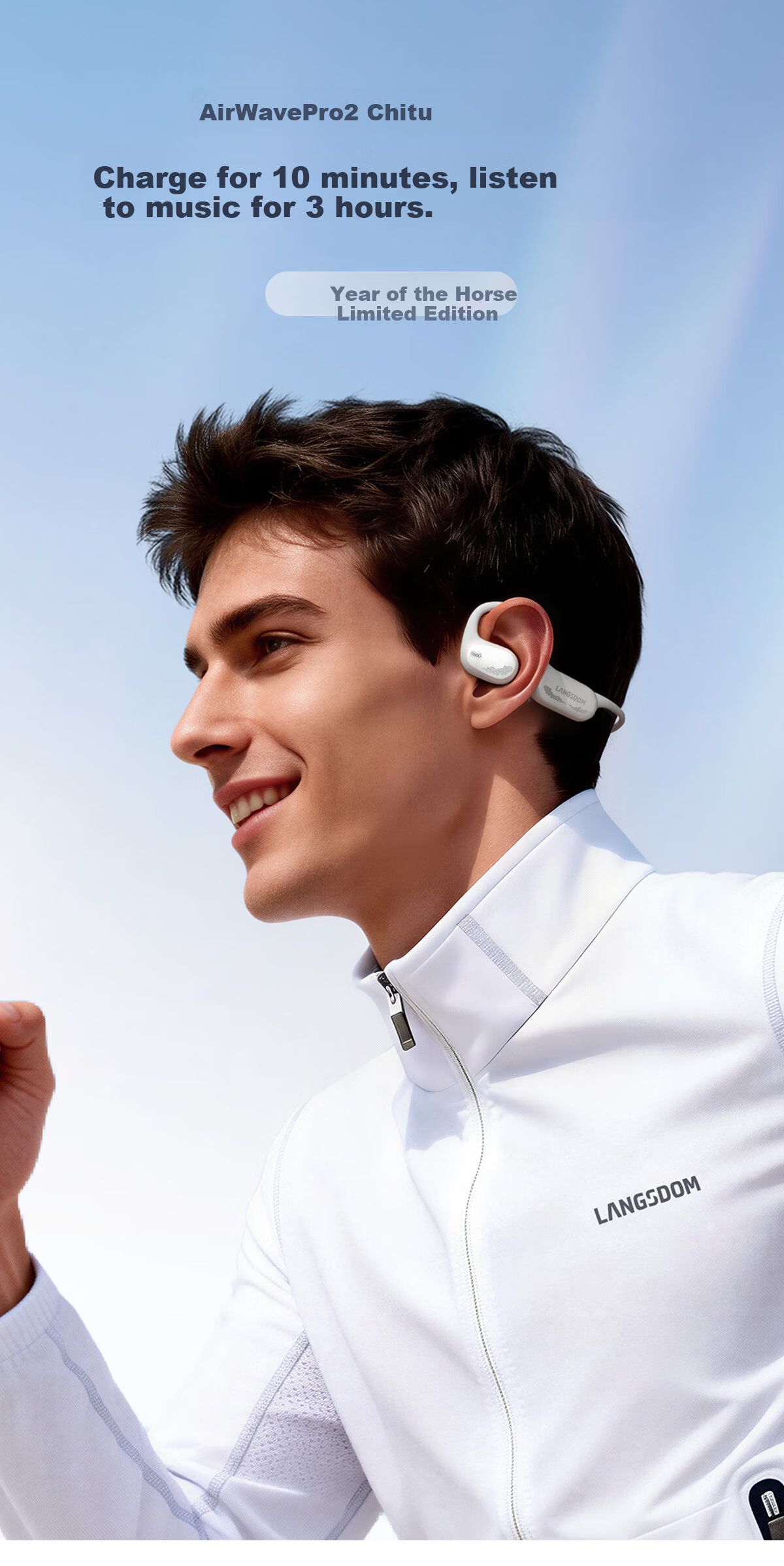 Langston AirWave Pro 2 Open-Ear Bone Conduction Bluetooth Headphones Waterproof Sweatproof Long Battery Life for Apple Huawei Iceberg White 1