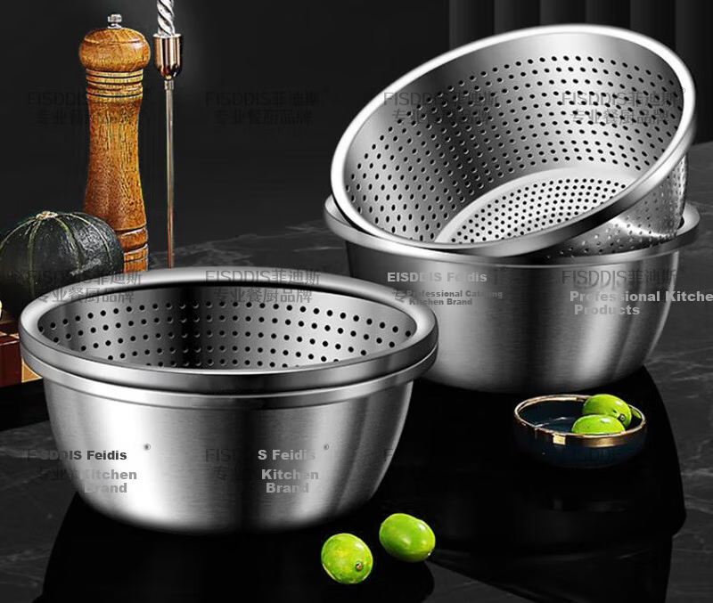 FISDDIS 304 Stainless Steel Bowl and Sieve 2-Piece Set Thick Soup Bowl Rice Washing Strainer Draining Basket 30cm Cooking Bowl LLPTZ-30 9