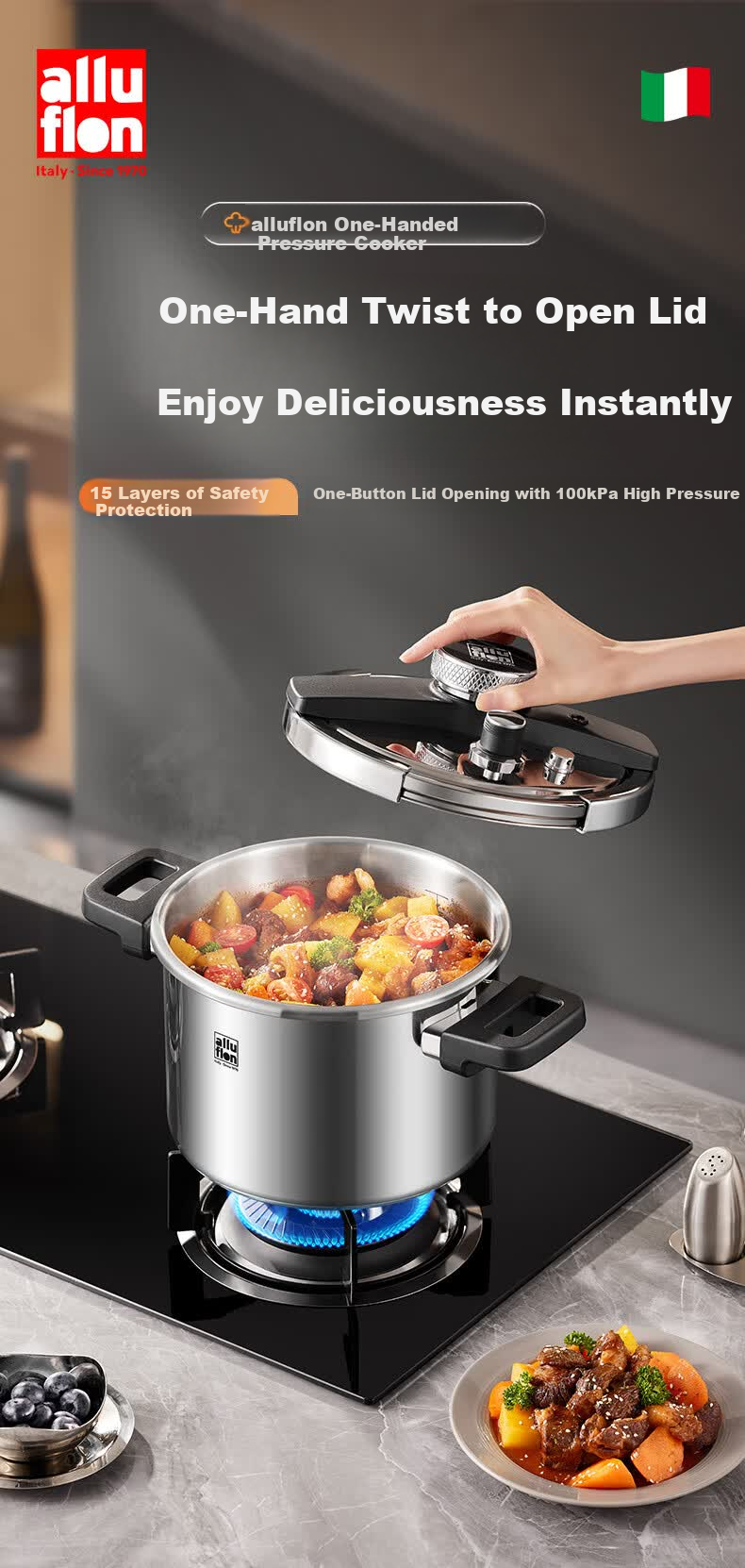 Alluflon Pressure Cooker Explosion-Proof High-Pressure Pot 304 Stainless Steel Single-Hand Open Induction Cooker Compatible 6L Household for 3-4 People 1