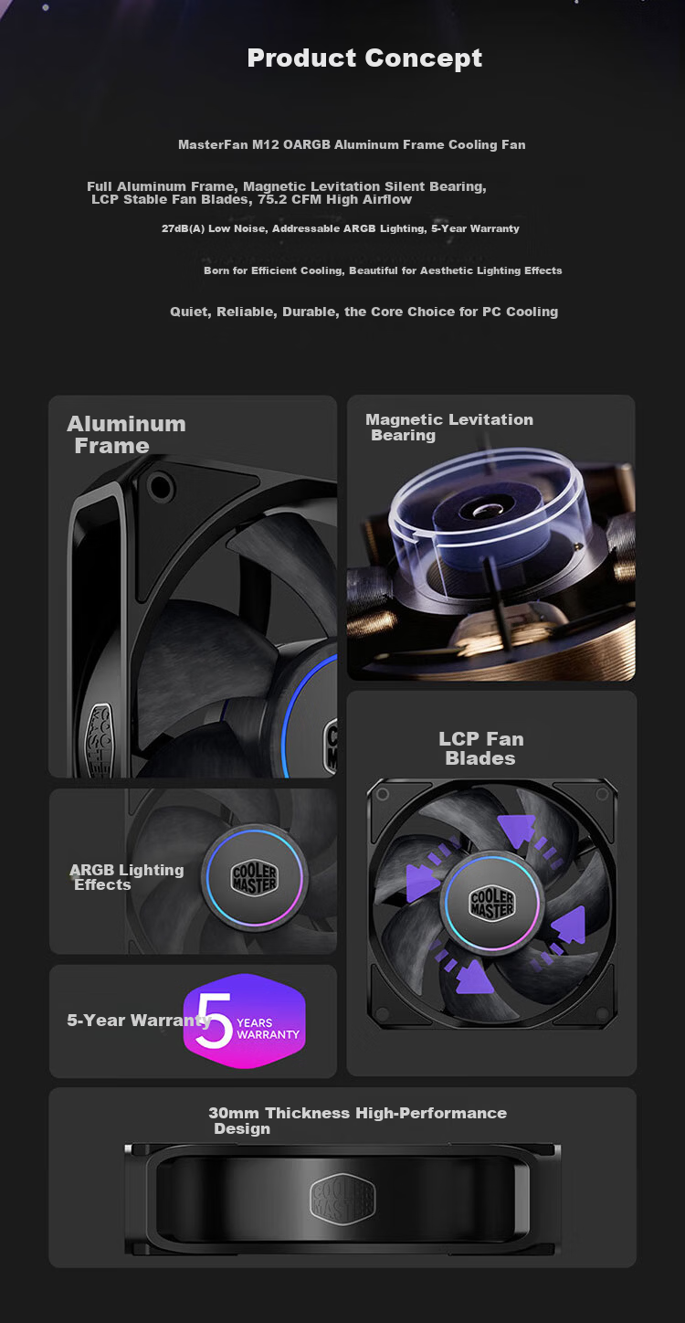 CoolerMaster MasterFan M120 ARGB Case Fan Full Aluminum Frame Magnetic Silent Bearing LCP Blades 5-Year Warranty 2