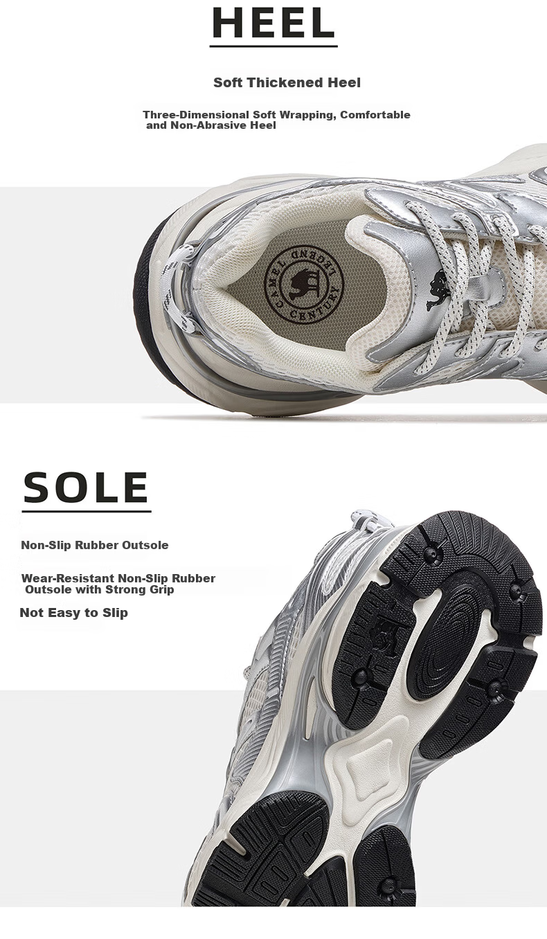 CAMEL Galaxy 2nd Generation Women's Sports Shoes Breathable Casual Thick-Soled Dad Sneakers K26B30L4023 Ivory White/Grey Size 38 8