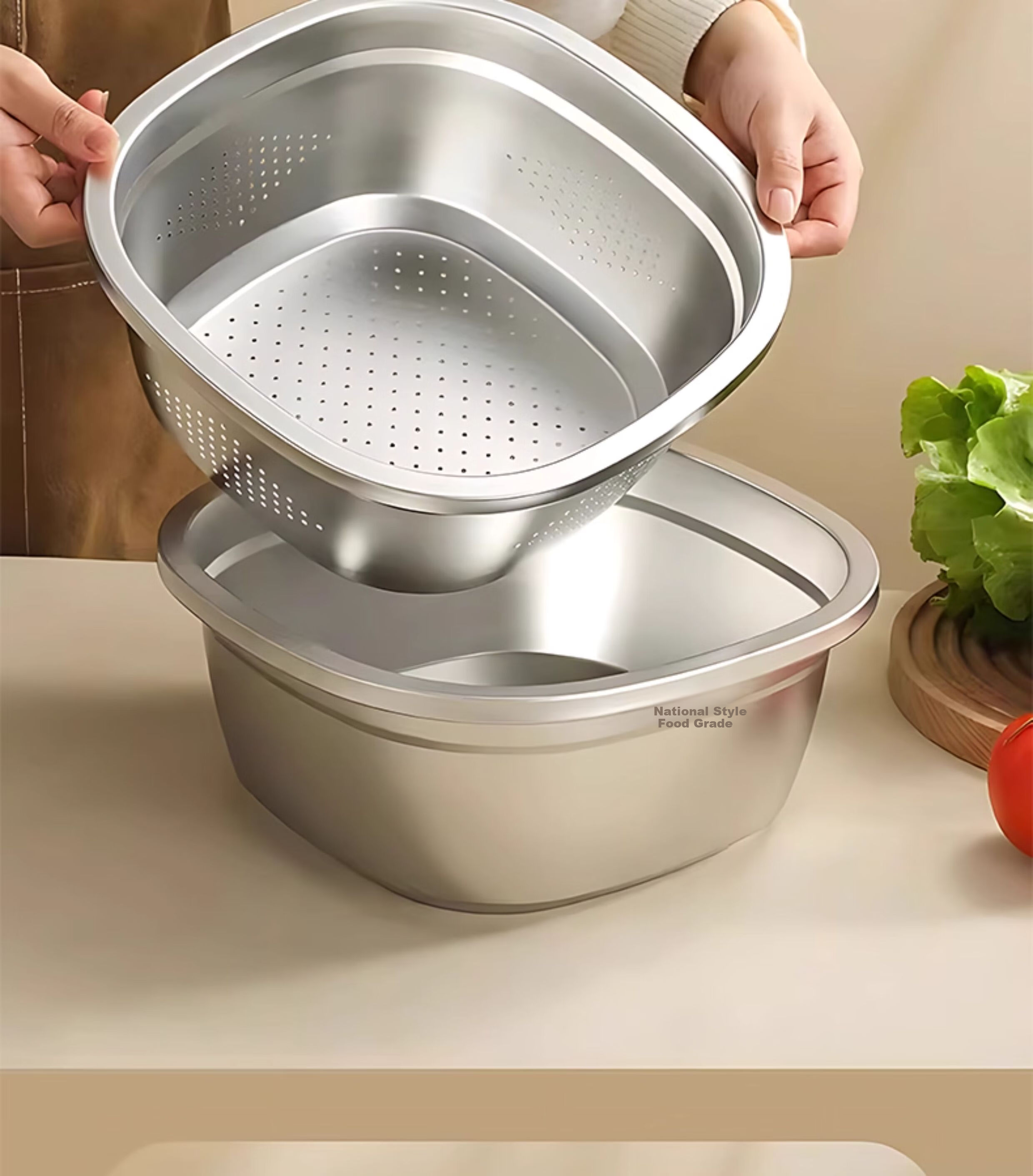 Guofeng Food-Grade Stainless Steel Square Kitchen Basin Rice Washing Bowl 26cm 6