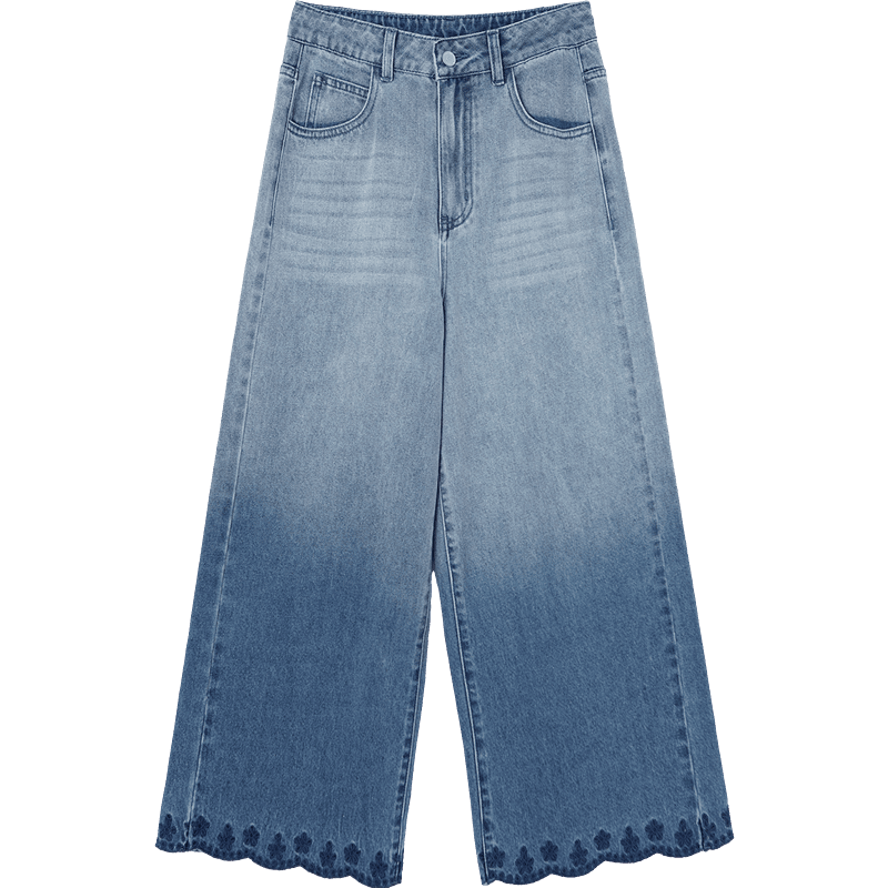 Demana Rose Embroidery Summer Cropped Cloud Cotton Washed Straight Wide-Leg Slimming Concealing High-End Women's Jeans