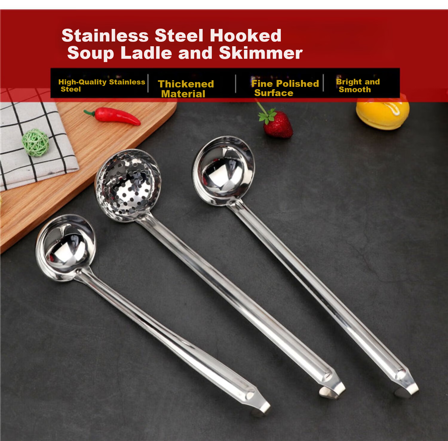 Caitang Thickened Stainless Steel Hooked Soup Ladle Long Handle Soup Spoon Hanging Soup Ladle Small 7CM Jingcang 1