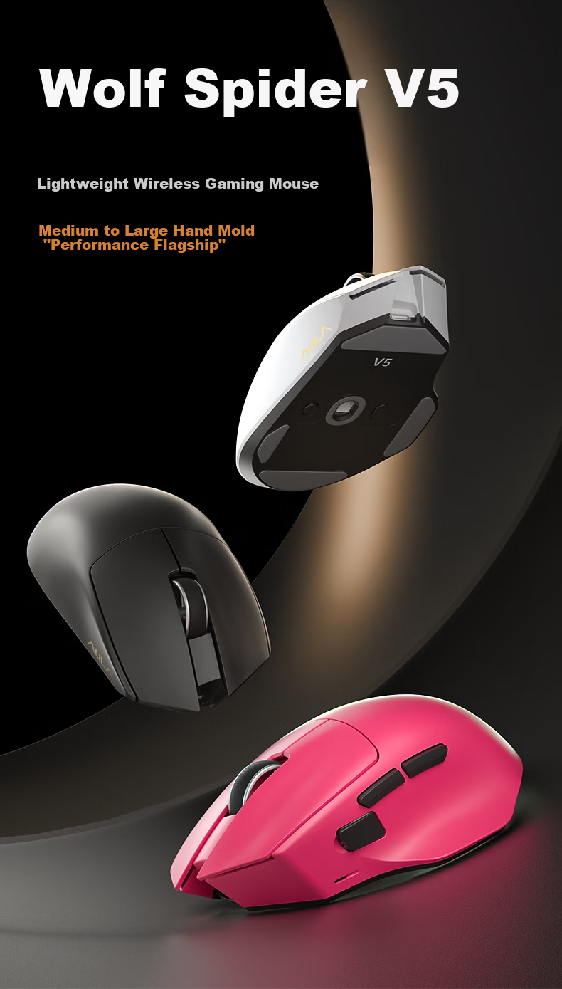 AULA V5 Mouse Large Medium Hand Wired/Wireless 2.4G/Bluetooth Tri-Mode Right-Handed Ergonomic Gaming Office PAW3311 Bauhinia Red 7