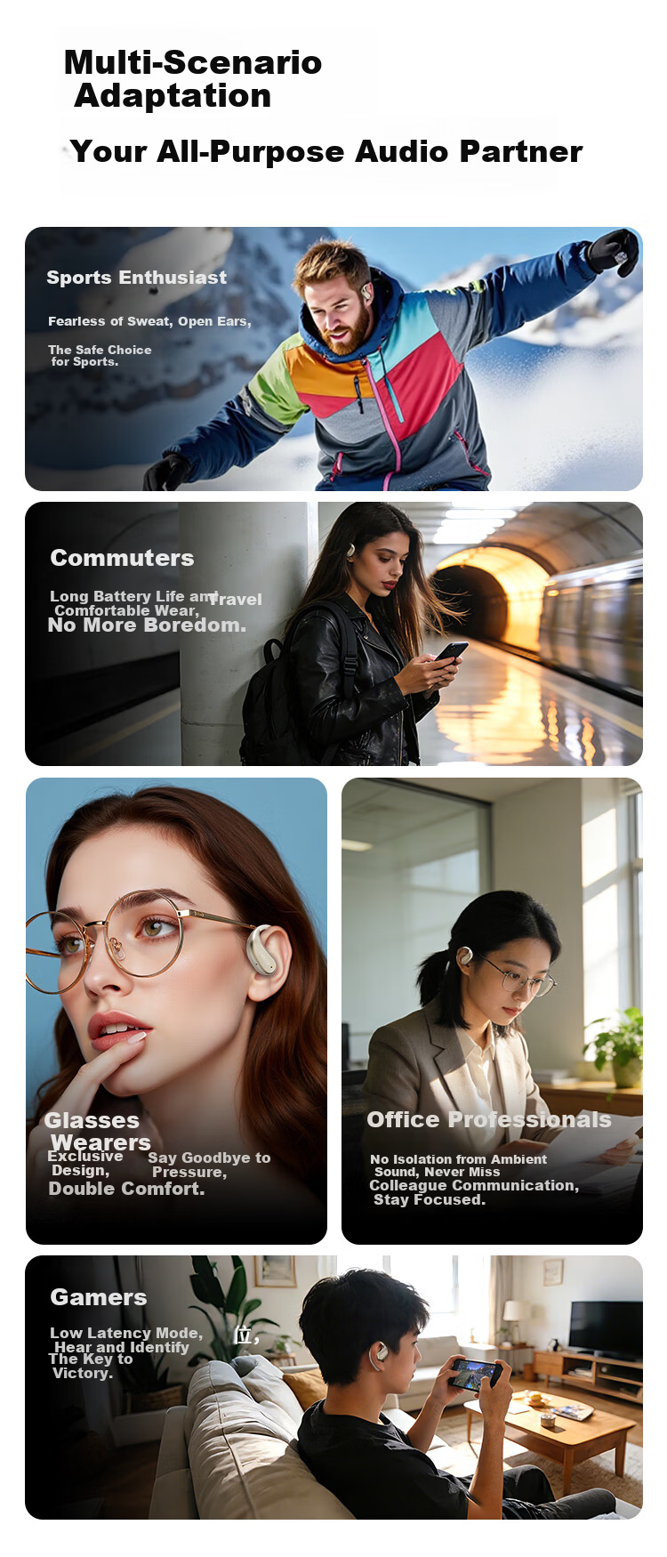 ENKOR EW23 Bluetooth Earphones Open-Ear True Wireless Sports Running Fitness Cycling Noise-Cancelling Headset Compatible with Apple Huawei Xiaomi Phones 8