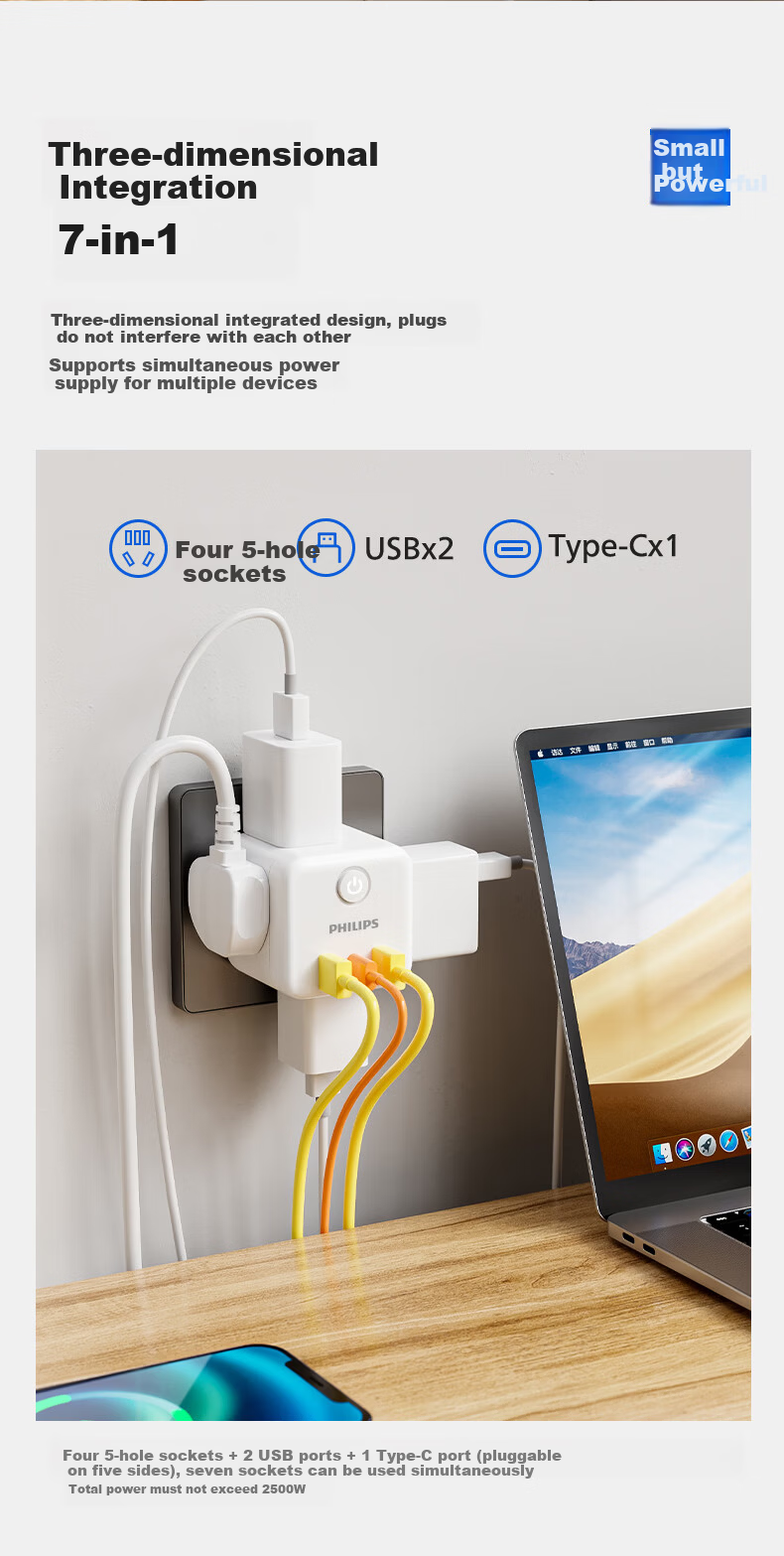 PHILIPS Cube Power Strip Converter Adapter Multi-Outlet 5-Socket Travel Dorm Hotel Extension Multi-Functional Socket Wireless Power Strip Blue 2