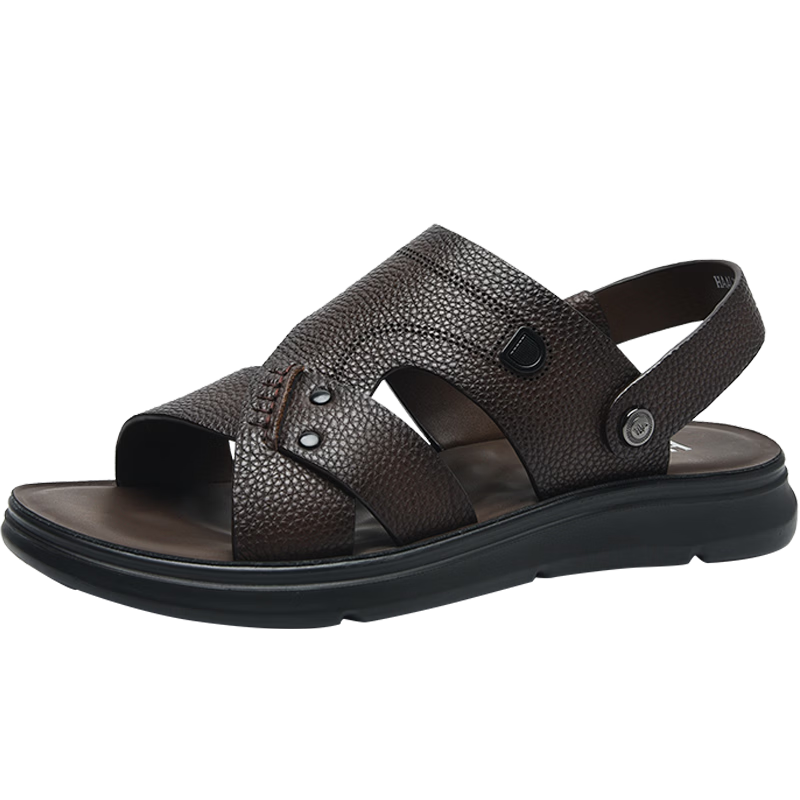HLA Men's Slip-On Sandals, Top-Grain Leather Breathable Beach Shoes for Men, T031 Brown Size 40