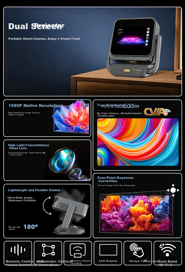Dongying New A8Pro 10-inch Dual-Screen Touch True 1080P Cloud Gimbal Auto Focus Correction 4K Giant Screen Home Smart HD Projector Home Theater 2