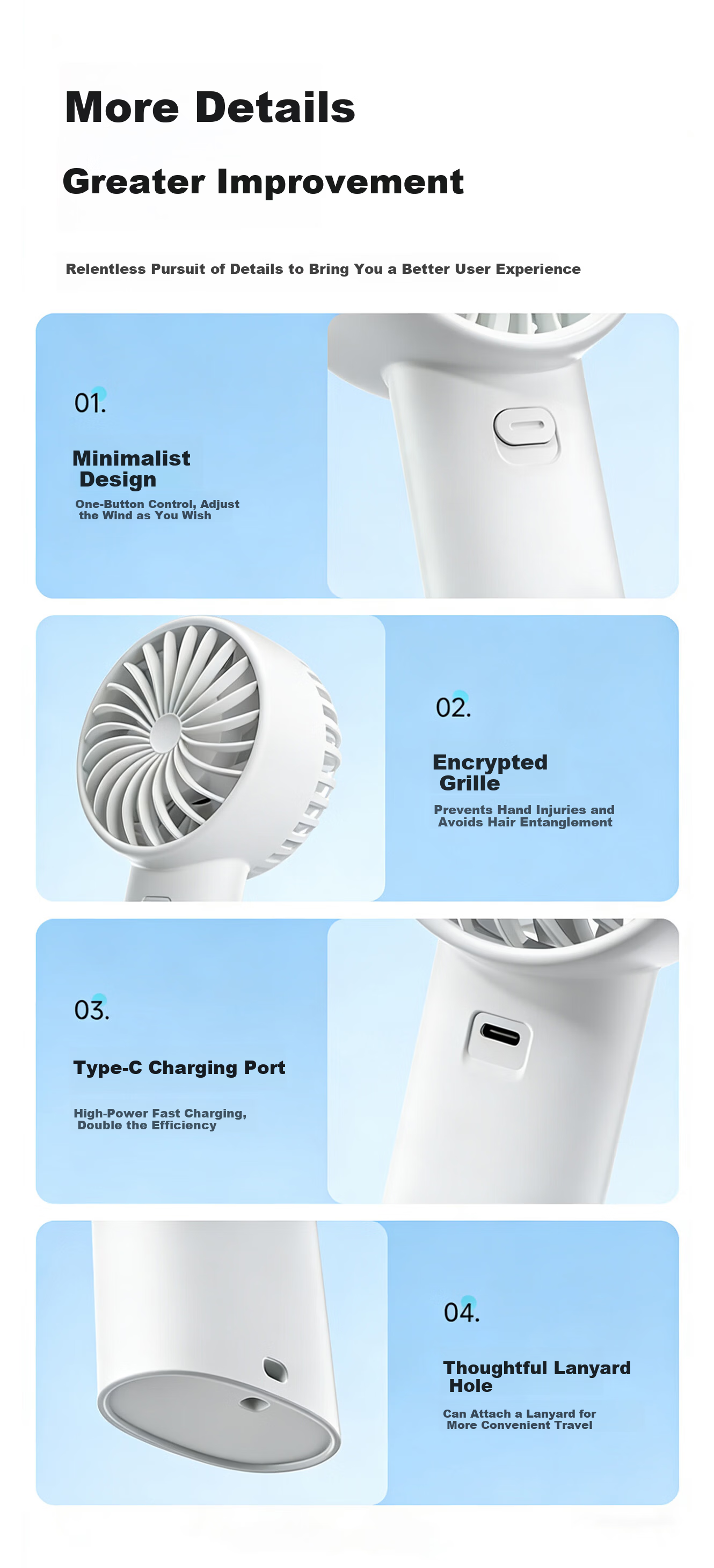 Laise Handheld Mini Fan, Portable USB High-Speed Energy-Saving Powerful Electric Fan for Student Dormitory And Office, Rechargeable Personal Small Fan, 3600mAh - White 9