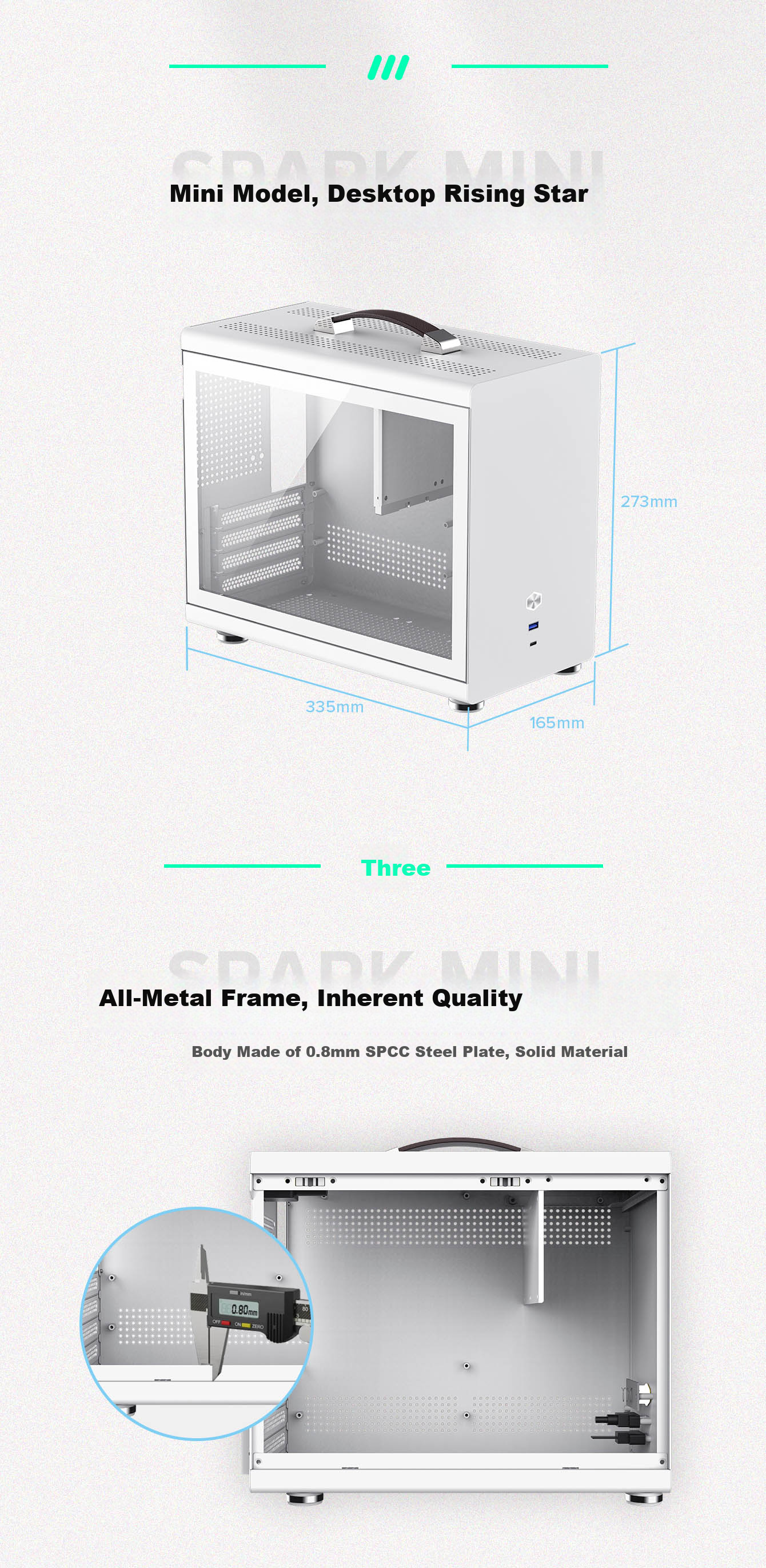GAMEMAX Spark Mini ITX Tower PC Case Black Typc-C (0.8mm Side Window Portable Small Steel Cannon ATX Power Supply) White 3