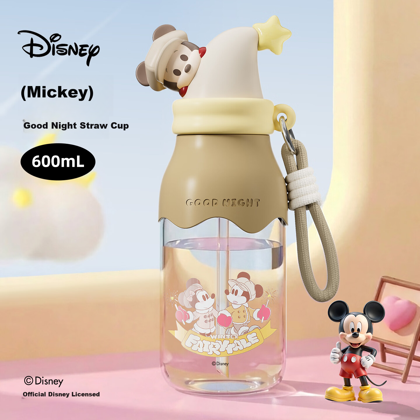 Disney Straw Cup Children's Water Bottle Summer Plastic Cup Student Ladies High-Value Portable High-Temperature Resistant 600mL Mickey