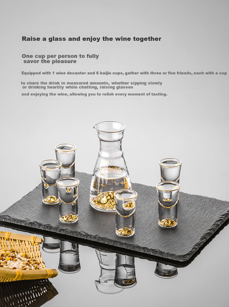 CLITON Gold Foil Premium Crystal Baijiu Glass Decanter Set with One-Bite High Stem Moutai Small Liquor Glasses Gift Box 6